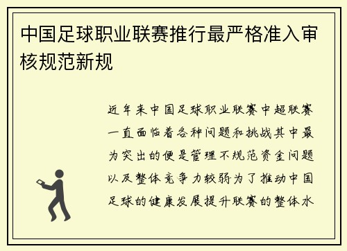 中国足球职业联赛推行最严格准入审核规范新规