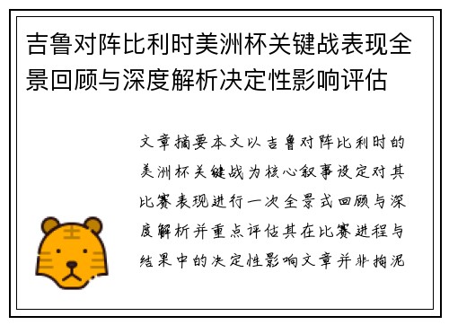 吉鲁对阵比利时美洲杯关键战表现全景回顾与深度解析决定性影响评估